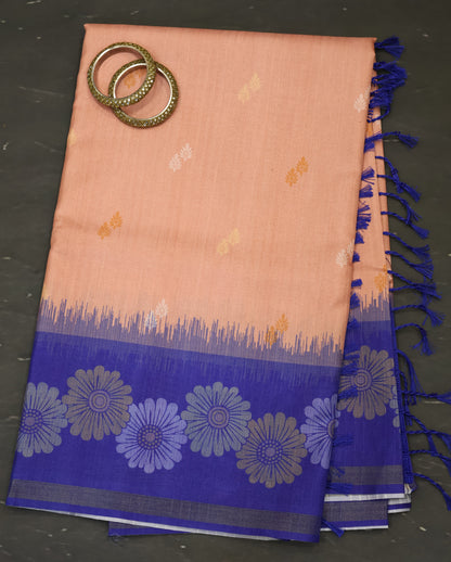 Semi Tussar Saree -Floral-Pale orange-Blue