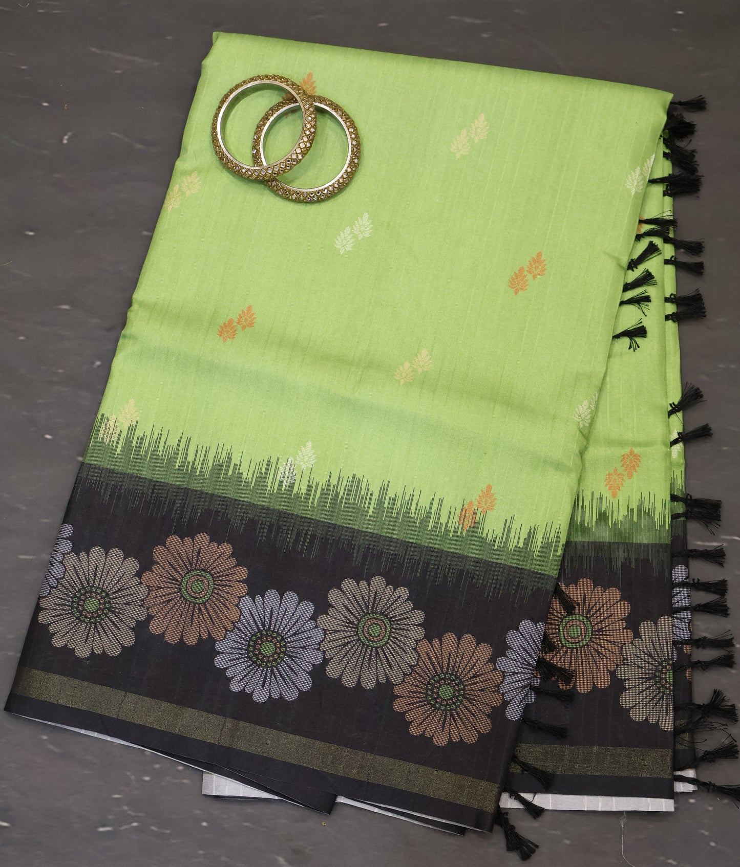 Semi Tussar Saree -Floral- Light Green-Black