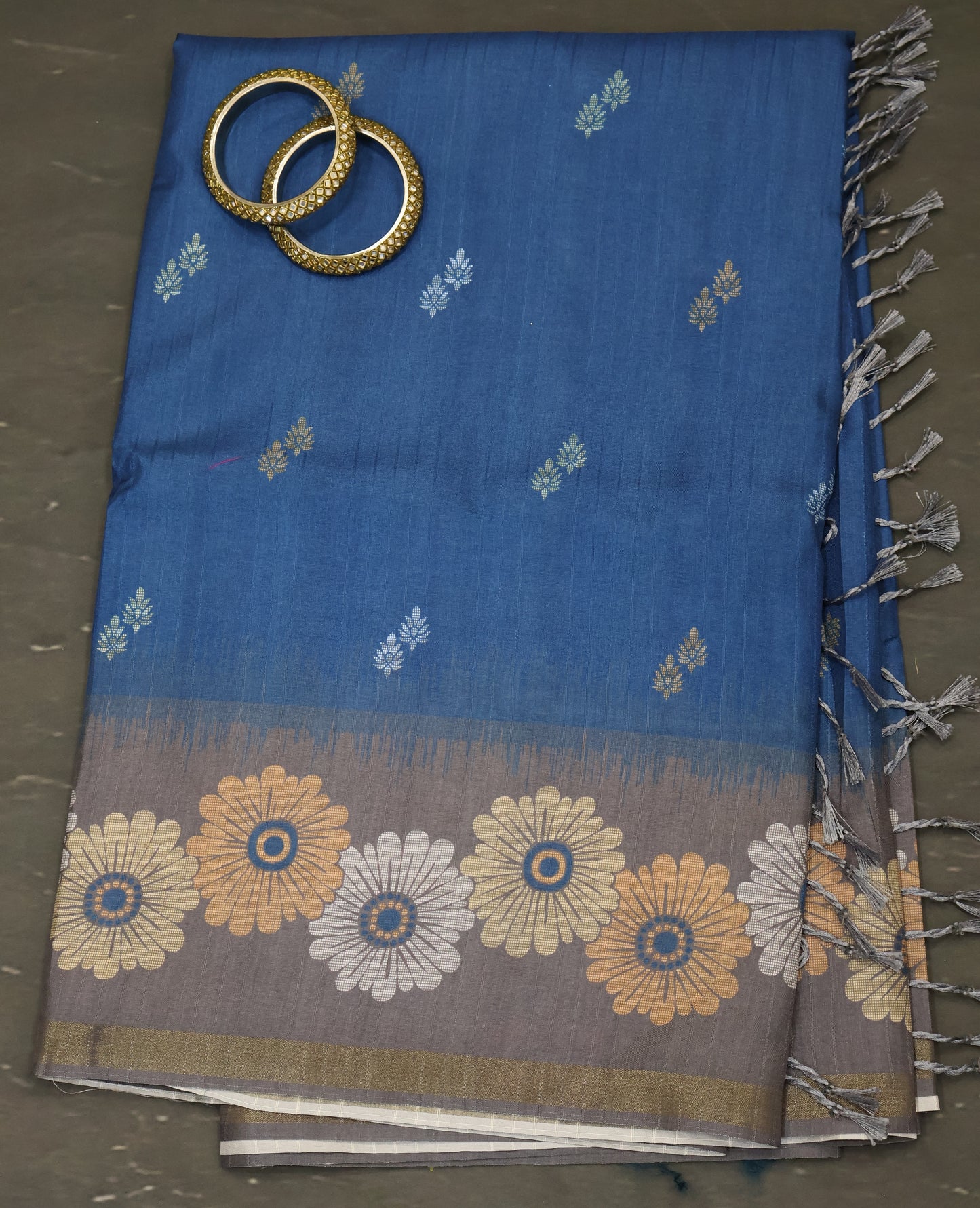 Semi Tussar Saree -Floral-Peacock Blue-Grey