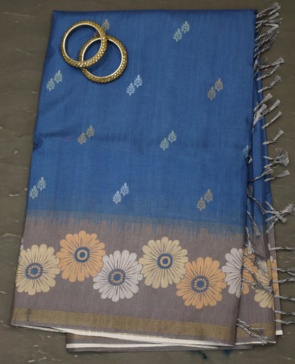 Semi Tussar Saree -Floral-Peacock Blue-Grey
