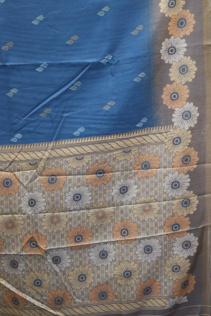 Semi Tussar Saree -Floral-Peacock Blue-Grey
