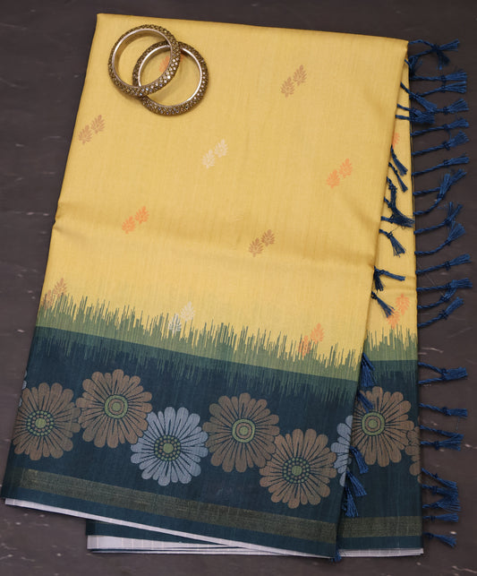 Semi Tussar Saree -Floral-Pastle Yellow-Green