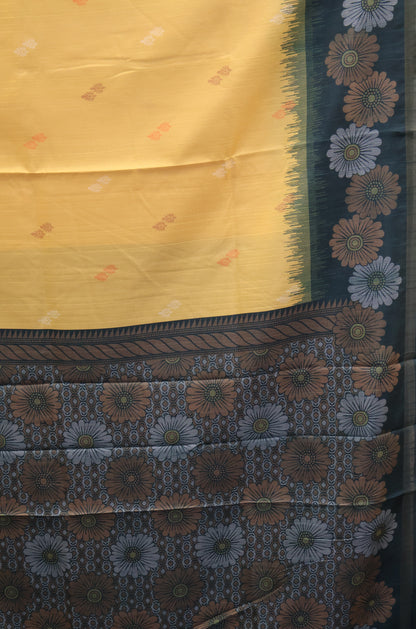 Semi Tussar Saree -Floral-Pastle Yellow-Green
