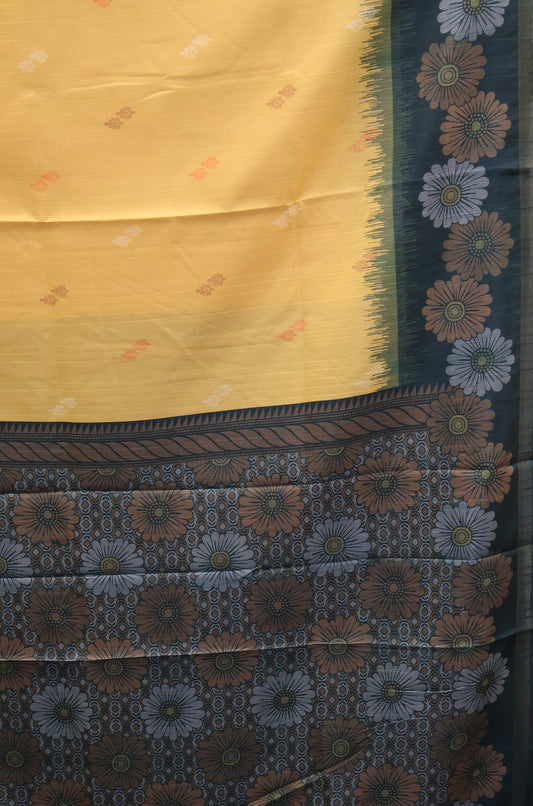 Semi Tussar Saree -Floral-Pastle Yellow-Green