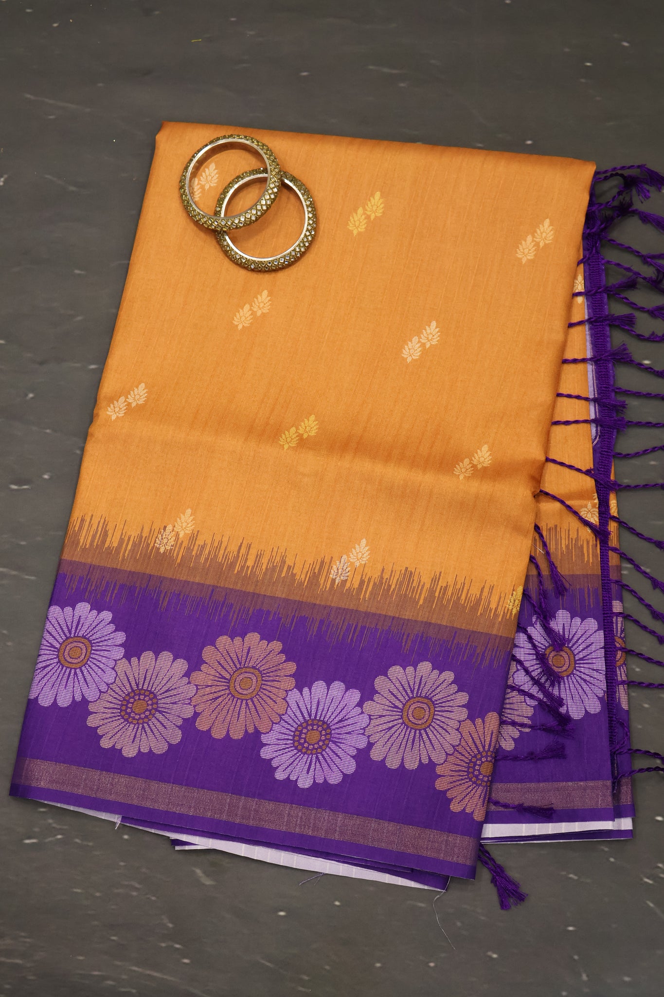 Semi Tussar Saree -Floral-Mustard-Purple
