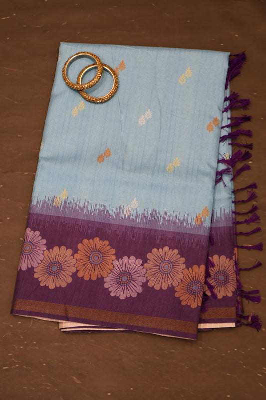 Semi Tussar Saree -Floral-Sky Blue-Purple