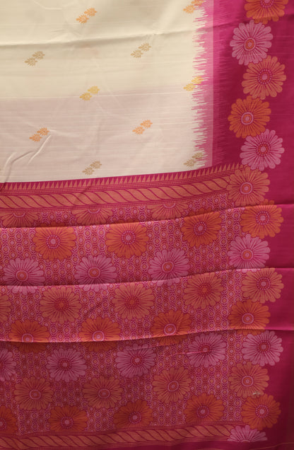 Semi Tussar Saree -Floral-White-Pink