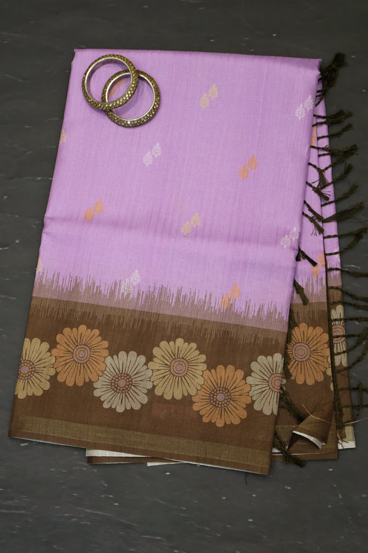 Semi Tussar Saree -Floral-Light Purple-Brown