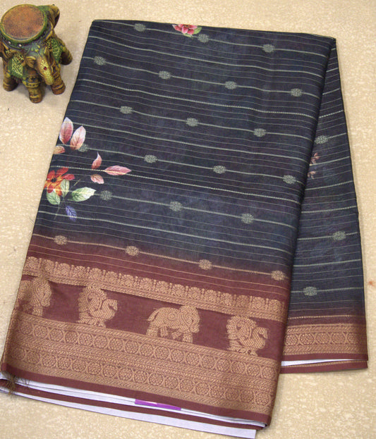 Dola Silk Saree - Black Floral Flower Line