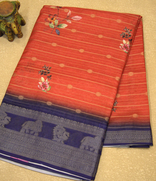 Dola Silk Saree - Red Floral Flower Line