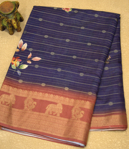 Dola Silk Saree - Blue Floral Flower Line