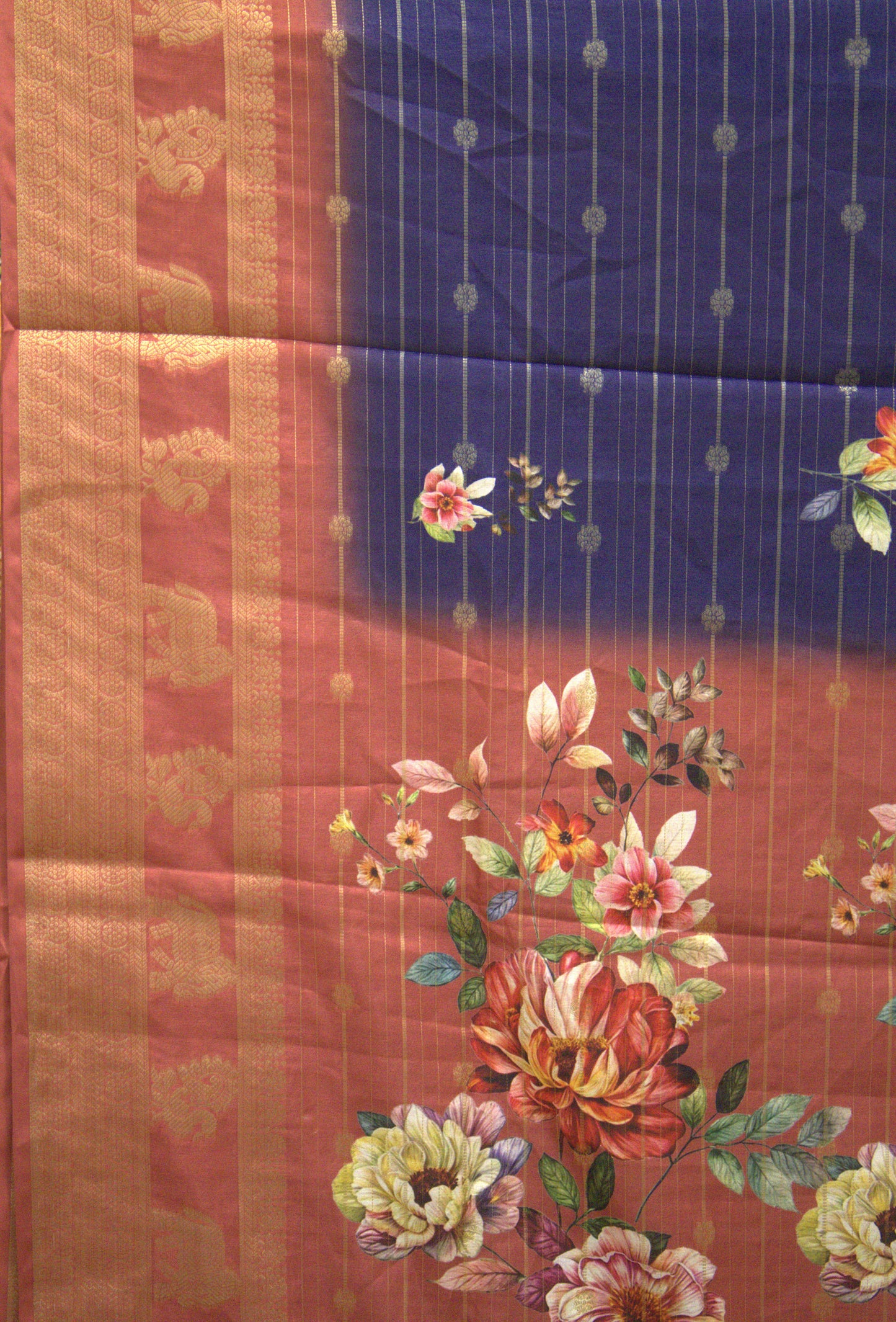 Dola Silk Saree - Blue Floral Flower Line