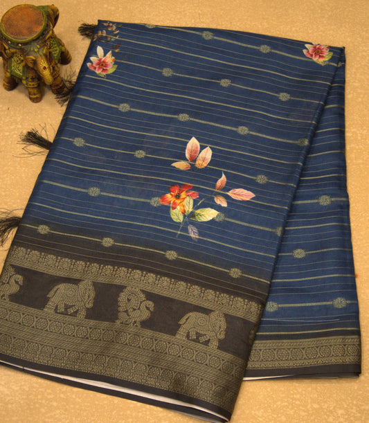 Dola Silk Saree - Pecok Blue Floral Flower Line