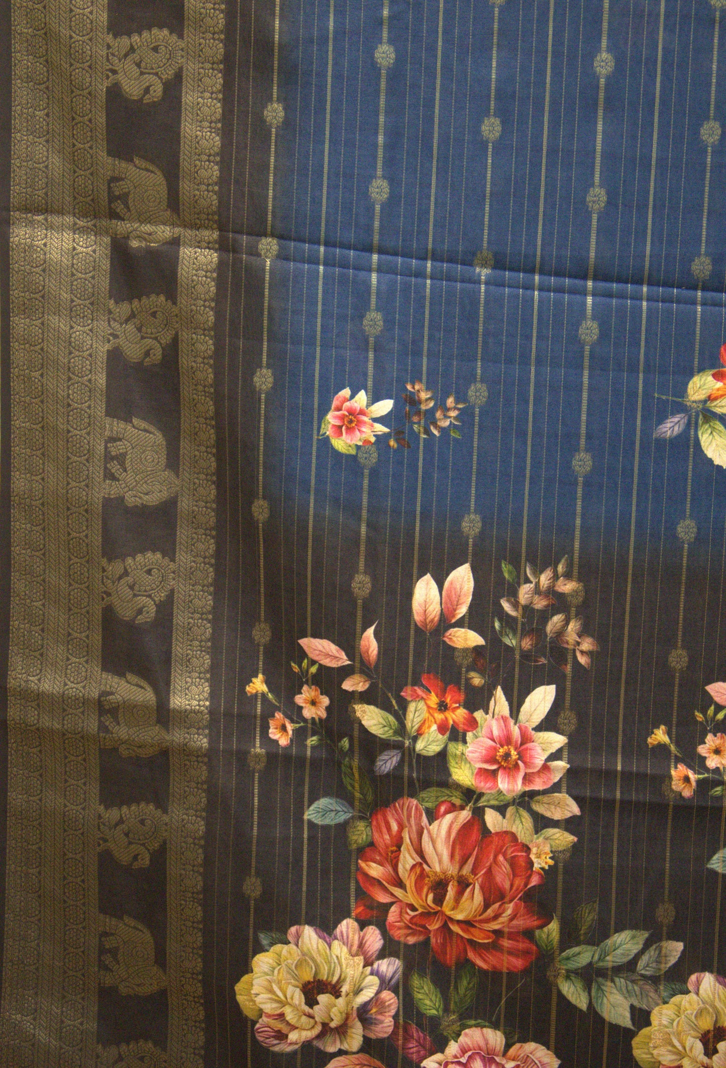 Dola Silk Saree - Pecok Blue Floral Flower Line