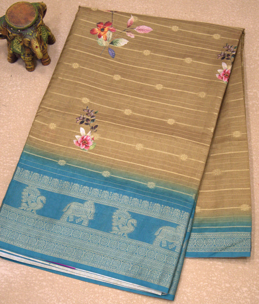 Dola Silk Saree - Gold Blue Floral Flower Line