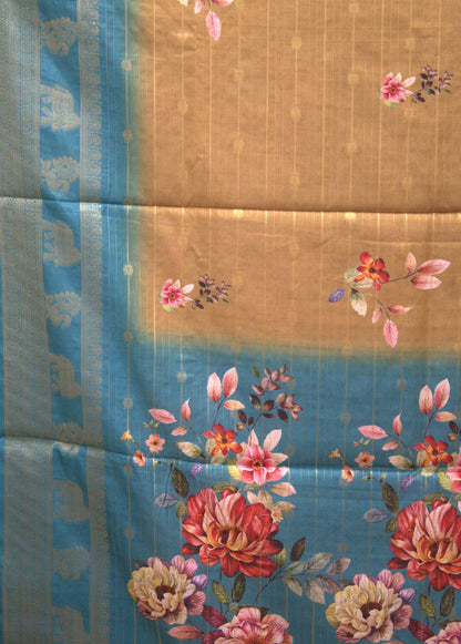 Dola Silk Saree - Gold Blue Floral Flower Line