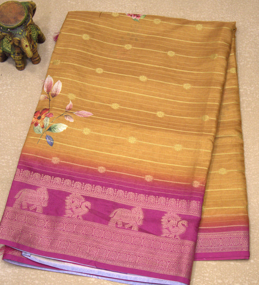 Dola Silk Saree - Mustard Floral Flower Line