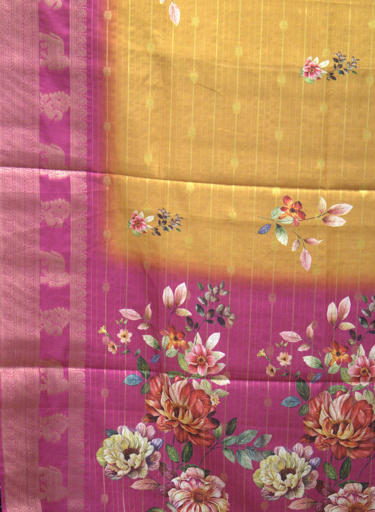Dola Silk Saree - Mustard Floral Flower Line