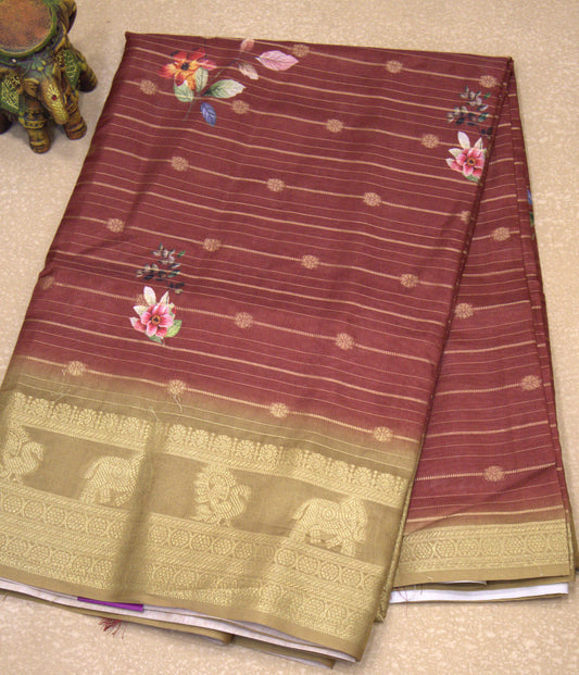 Dola Silk Saree - Maroon Gold Floral Flower Line