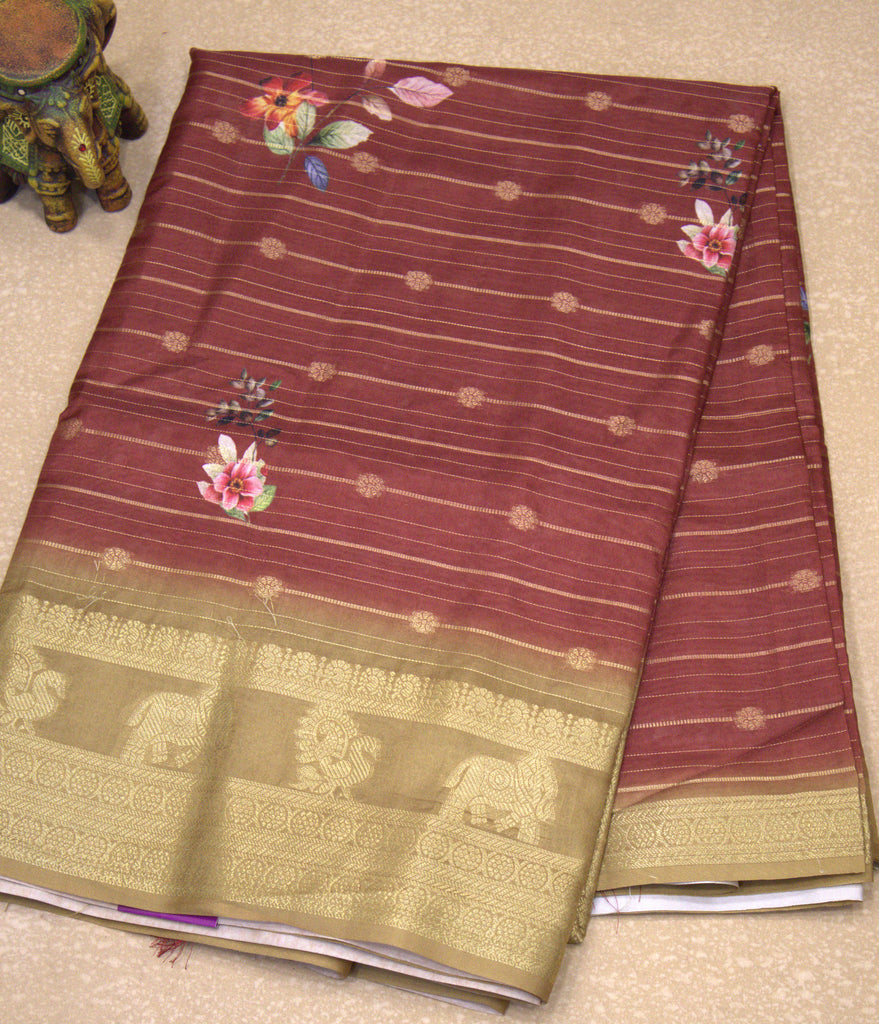 Dola Silk Saree - Maroon Gold Floral Flower Line
