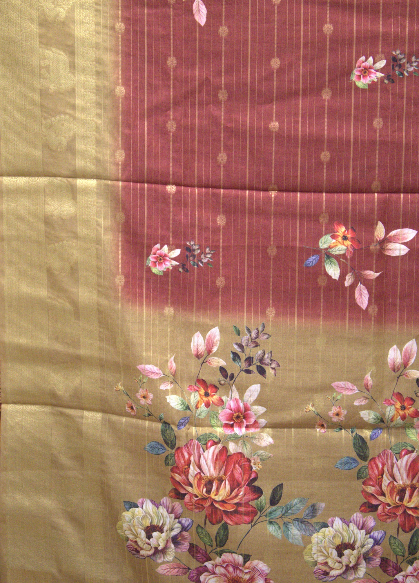 Dola Silk Saree - Maroon Gold Floral Flower Line
