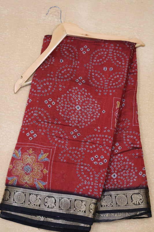 Malai Cotton With Bandhani Print- Maroon Kolam