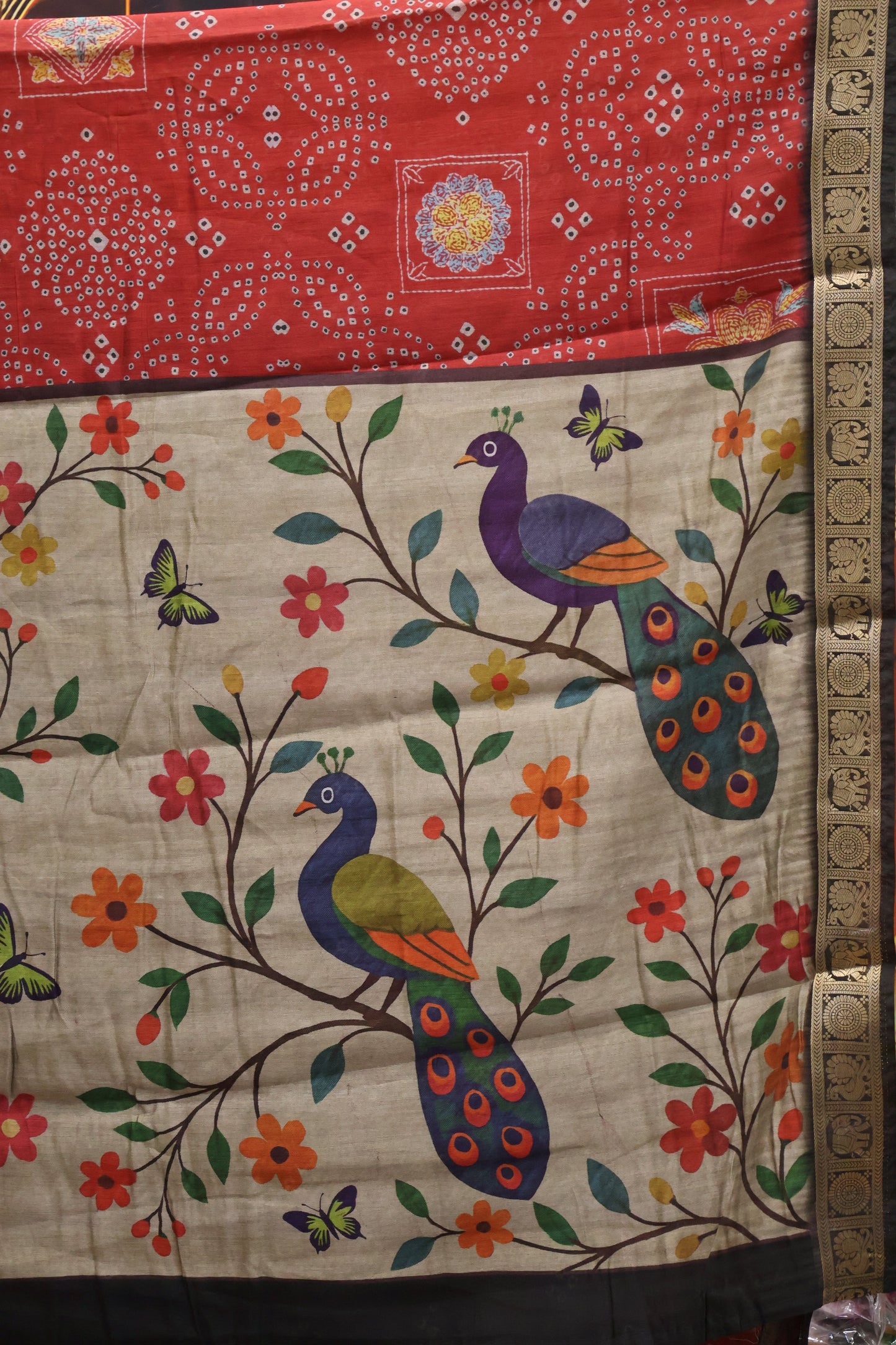 Malai Cotton With Bandhani Print- Maroon Kolam