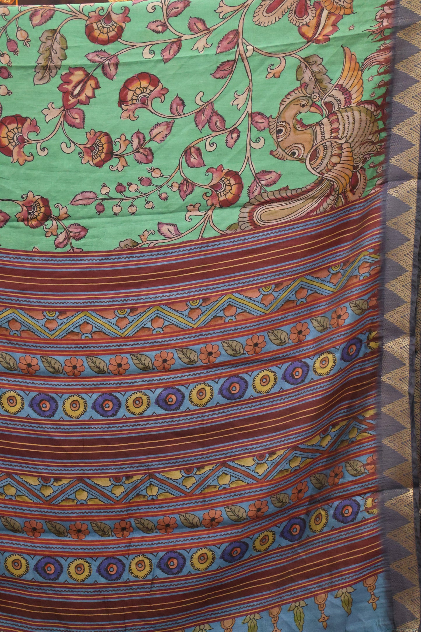 Malai Cotton With Kalamkari Print-Mint Green