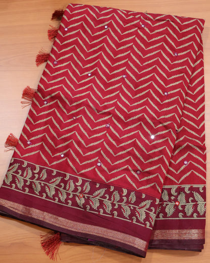Malai Cotton Saree-Magenta Zig Zag Mirror Work
