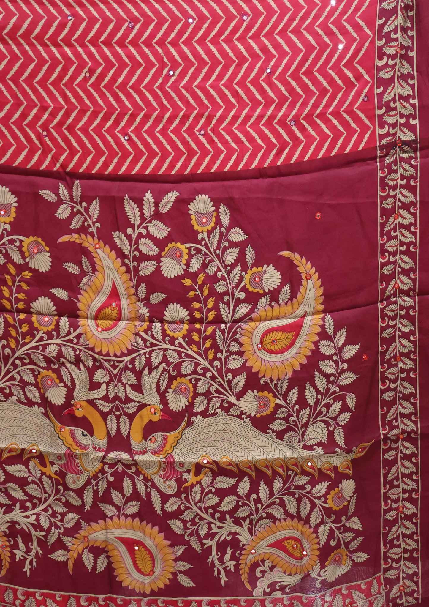 Malai Cotton Saree-Magenta Zig Zag Mirror Work