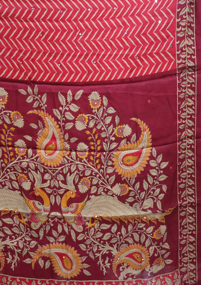 Malai Cotton Saree-Magenta Zig Zag Mirror Work