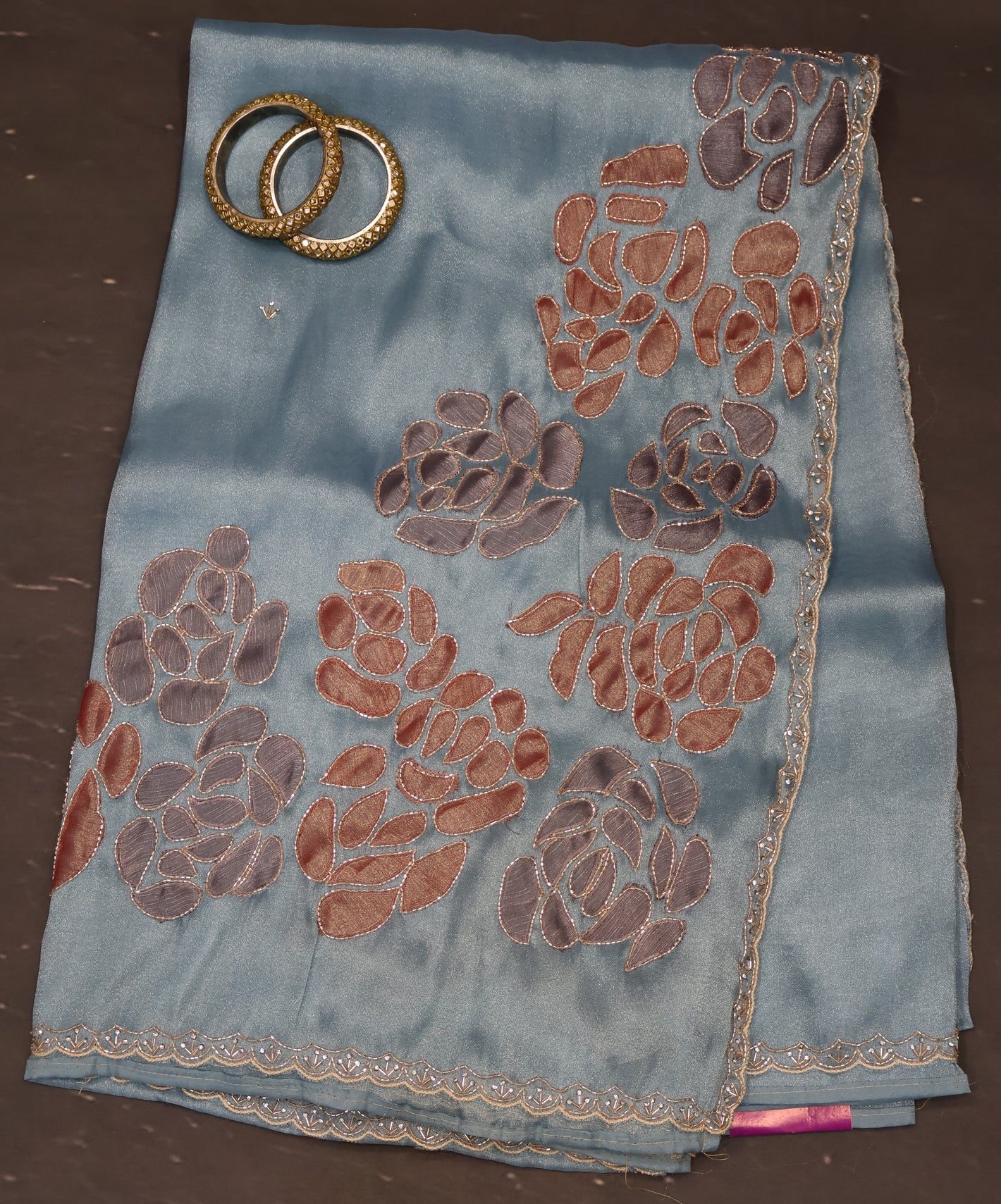 Organza Designer Saree-Blue Beads Kutch Work