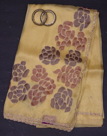 Organza Designer Saree-Yellow Beads Kutch Work