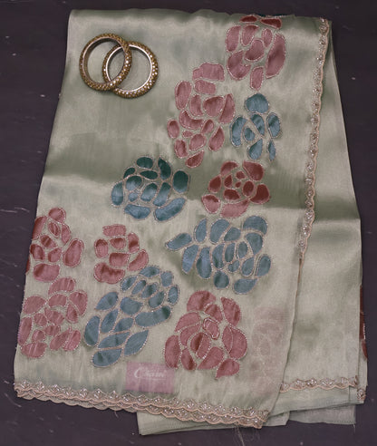 Organza Designer Saree-Green Beads Kutch Work