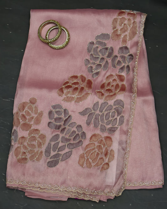 Organza Designer Saree-Pink Beads Kutch Work