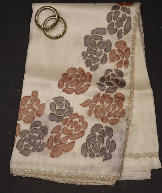 Organza Designer Saree-White Beads Kutch Work