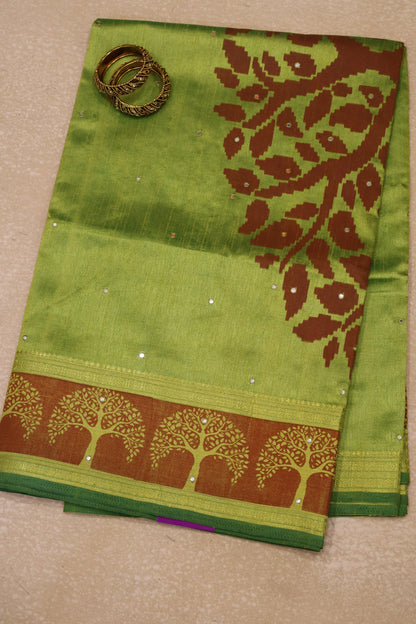 Semi Tussar Saree - Lime Green Tree Pattern