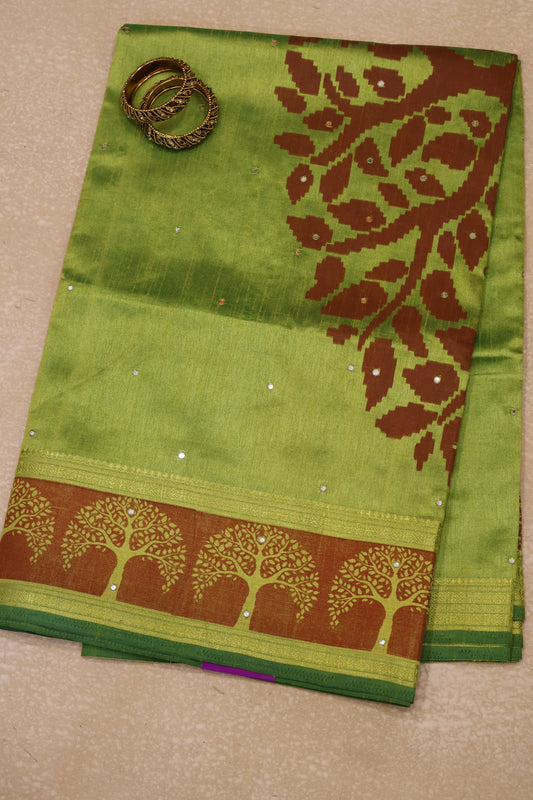 Semi Tussar Saree - Lime Green Tree Pattern