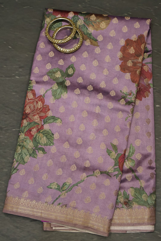 Pure Banarasi Saree Chiniya Silk -Lavender Tree Pattern