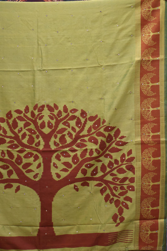 Semi Tussar Saree - Lime Green Tree Pattern
