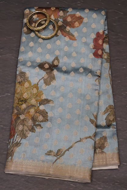 Pure Banarasi Saree Chiniya Silk -Sky Blue Tree Pattern