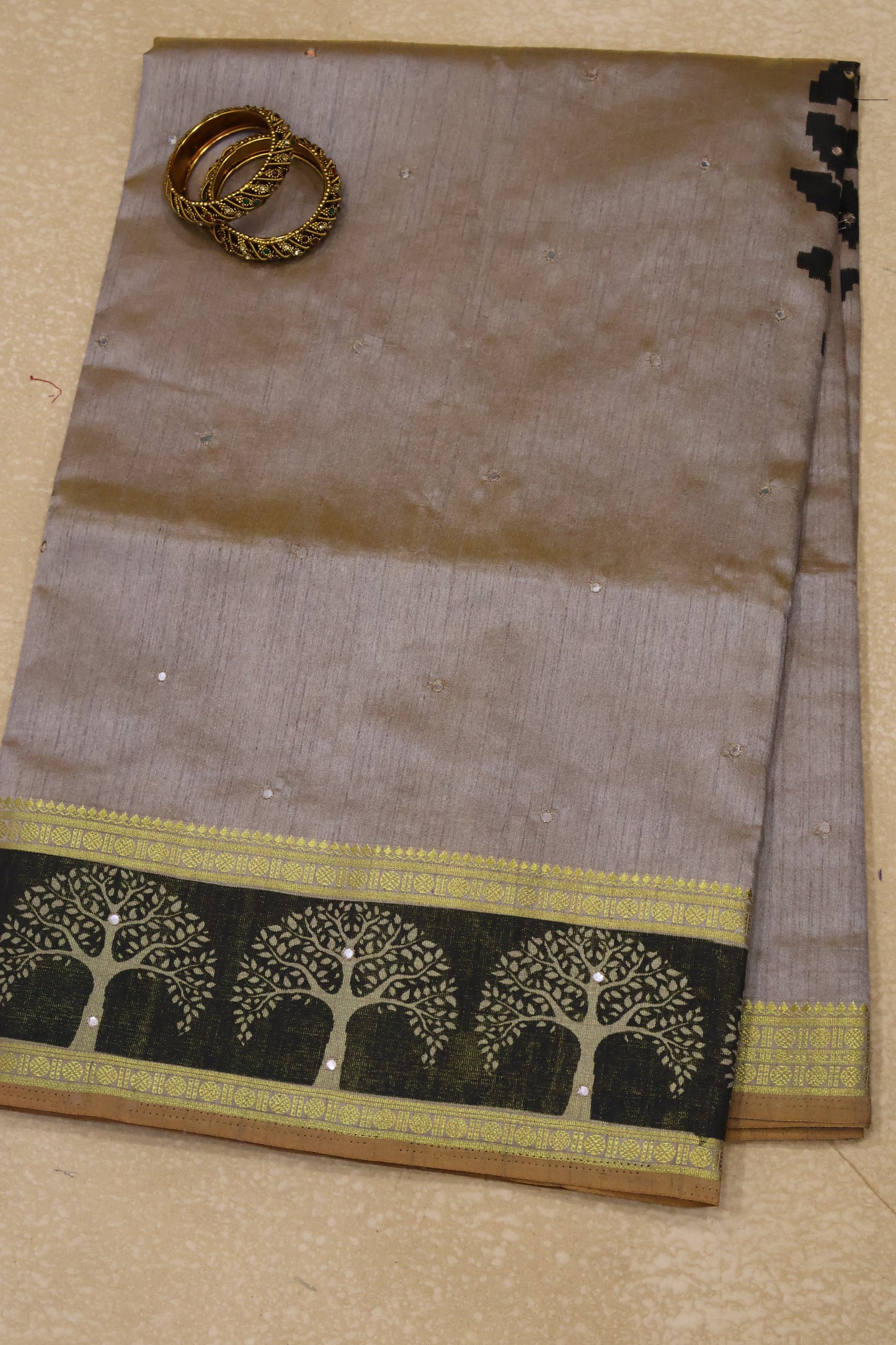 Semi Tussar Saree - Beige Tree Pattern