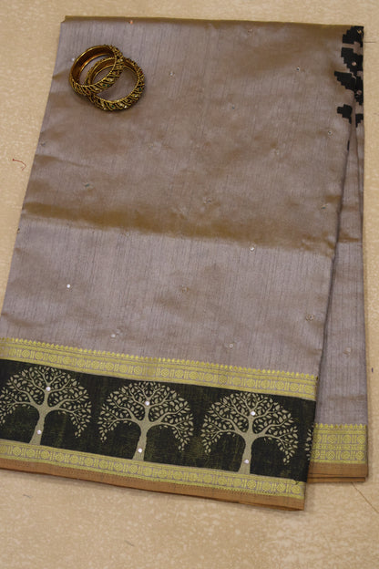 Semi Tussar Saree - Beige Tree Pattern