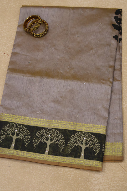 Semi Tussar Saree - Beige Tree Pattern