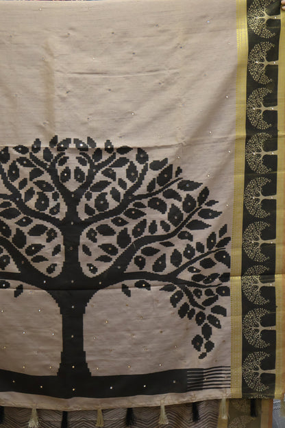 Semi Tussar Saree - Beige Tree Pattern