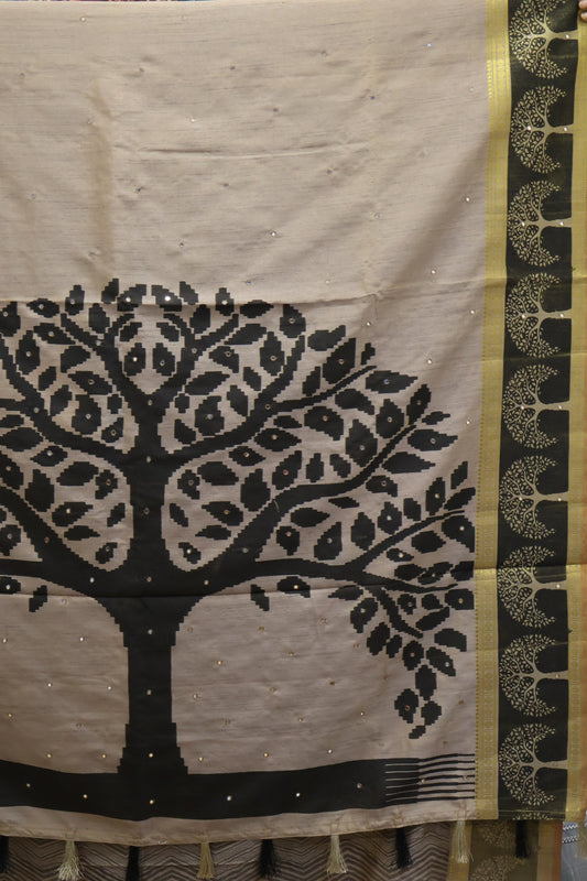 Semi Tussar Saree - Beige Tree Pattern