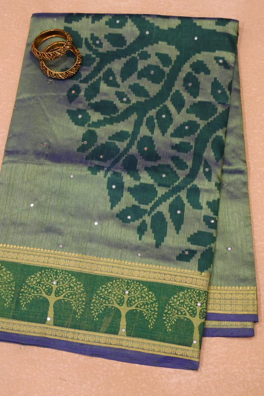 Semi Tussar Saree - Pista Green Tree Pattern