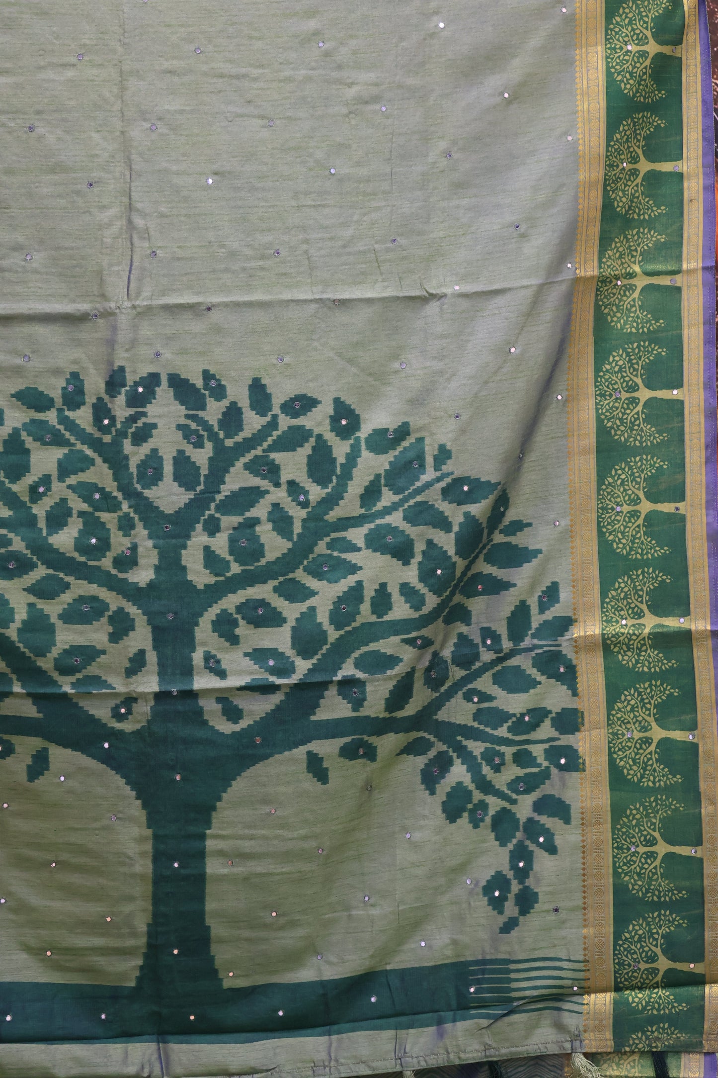 Semi Tussar Saree - Pista Green Tree Pattern