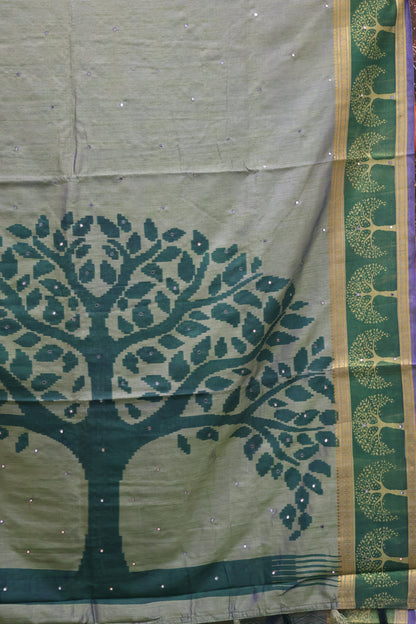 Semi Tussar Saree - Pista Green Tree Pattern
