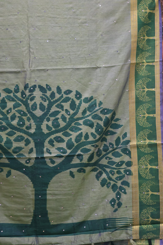 Semi Tussar Saree - Pista Green Tree Pattern